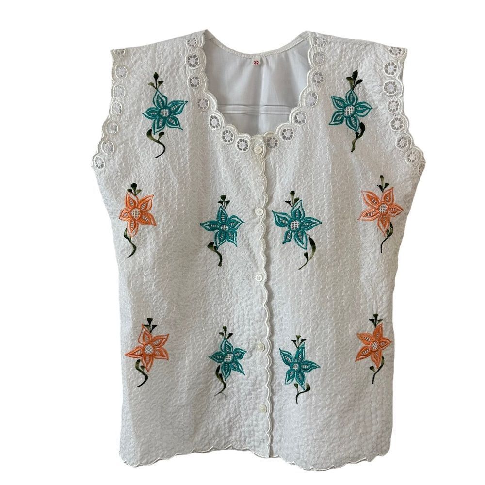 NWOT Vintage handmade custom button down sleeveless tank top lace embroidered